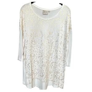 Dantelle White Gold Foil Metallic Hi Low Top Dressy Casual Oversized T-Shirt - L